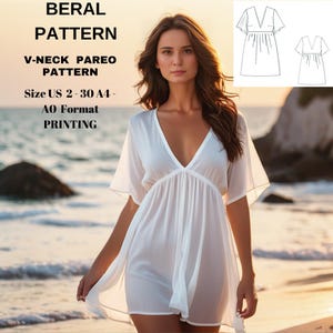 May include: A white V-neck pareo pattern with a gathered waist. The pattern is for sizes US 2-30 and A4-A0 format printing. The pattern is shown on a model wearing the pareo on a beach.