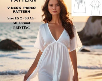 V-neck pareo pattern|pareo to wear over bikini|mini summer dress pattern| summer dress pattern|A0 A4 US latter| US 2 to 30