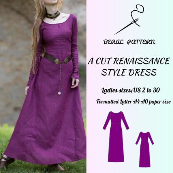 Medieval dress a cut dress pattern|renaissance dress pattern|A0 A4 US latter| US 2 to 30