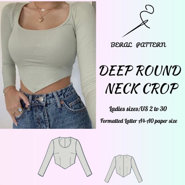 Easy sewing design crop low-cut neckline long sleeve crop|A0 A4 US latter| US 2 to 30