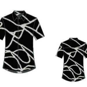 May include: Black short-sleeve shirt with a white abstract design. The shirt has a button-down collar and a curved hem. The image shows the front and back of the shirt. The shirt is a casual wear item.