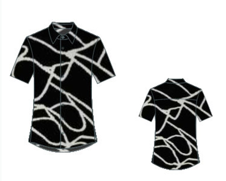 May include: Black short-sleeve shirt with a white abstract design. The shirt has a button-down collar and a curved hem. The image shows the front and back of the shirt. The shirt is a casual wear item.