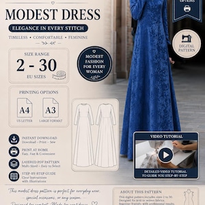 Peut inclure: Un patron de couture numérique pour une robe longue à manches longues bleu avec une finition en tissu texturé. Le document inclut des tailles de 2 à 30, des options d'impression A4 et A3, un guide étape par étape et un tutoriel vidéo.