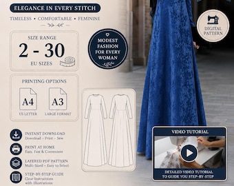 Modest Dress Sewing Pattern PDF | Maxi Dress Pattern | Modest Dress | A-Line Dress | Digital Download | EU Sizes 2-30 | A4/A3 Printing