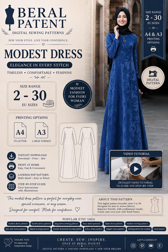 Modest Dress Sewing Pattern PDF | Maxi Dress Pattern | Modest Dress | A-Line Dress | Digital Download | EU Sizes 2-30 | A4/A3 Printing