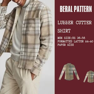 Puede incluir: Una camisa de franela a cuadros beige y marrón con cierre de botones y mangas largas. La camisa se muestra en un modelo que lleva pantalones beige. El texto "BERAL PATTERN LUBBER CUTTER SHIRT MEN SIZE; US 36-56 FORMATTED LATTER A4-AO PAPER SIZE" se muestra en blanco sobre un fondo marrón.