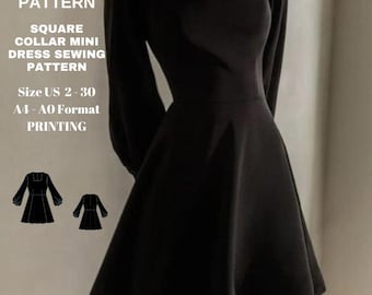 Classic evening dress  Square collar bishop sleeve mini dress|  dress pattern|A0 A4 US latter| US 2 to 30