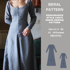 May include: A sewing pattern for a Renaissance style dress from the 1400s. The pattern is available in sizes UK 6-34 and can be printed in A4 or A0 format.