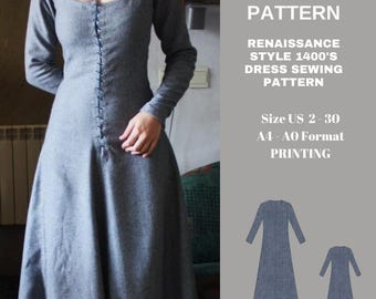Dress model of the 1400s|Renaissance,medieval Dress|celtic Dress|A0 A4 US latter| US 2 to 30