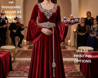 1400's style henna dress|Renaissance,medieval Dress|celtic Dress|A0 A4 US latter| US 2 to 30
