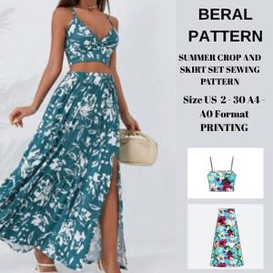 Ensemble de patrons de couture d'été pour femmes, haut court et jupe longue fendue. Taille US 2-30 A4-A0 Format de téléchargement PDF