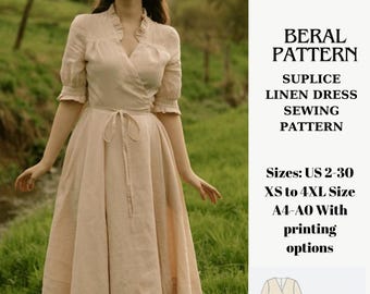Linen Surplice Dress Sewing Pattern,Plus size sewing pattern-Ladies size US 2 to 30//XS to 4xl///Letter-A4-A0 form paper sizes