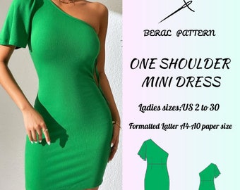 One shoulder mini green dress|summer dress|dress making|mini dress model| dress model|A0 A4 USA second| US 2 to 30