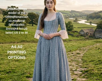 Medieval costume|Dress model of the 1400s|Renaissance,medieval Dress|celtic Dress|A0 A4 US latter| US 2 to 30