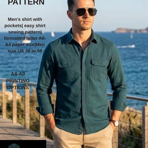 Men's shirt with pockets| easy shirt sewing pattern| formatted latter A0-A4 paper size|Men size US 36 to 56