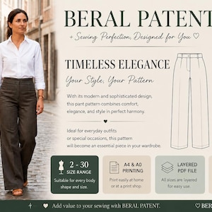 Könnte beinhalten: Ein digitales Schnittmuster für die Beral Patent Hose, mit einem weißen Hemd und einer dunklen Hose mit weitem Bein. Die Grafik enthält technische Strichzeichnungen der Vorder- und Rückseite der Hose, Textdetails, Größenbereich 2-30 und Druckoptionen.