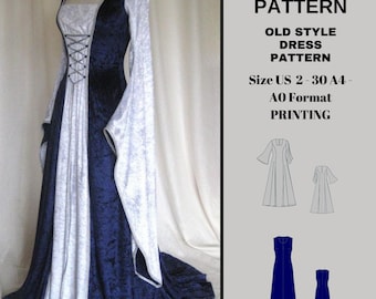 May include: A sewing pattern for a medieval style dress in sizes US 2-30. The pattern is printed on A0 size paper and includes instructions for sewing the dress. The dress is shown in a blue and white color scheme.