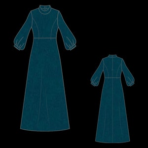 May include: A teal blue maxi dress with long sleeves and a high neck. The dress has a fitted bodice and a flowing skirt. The dress is shown from the front and back.
