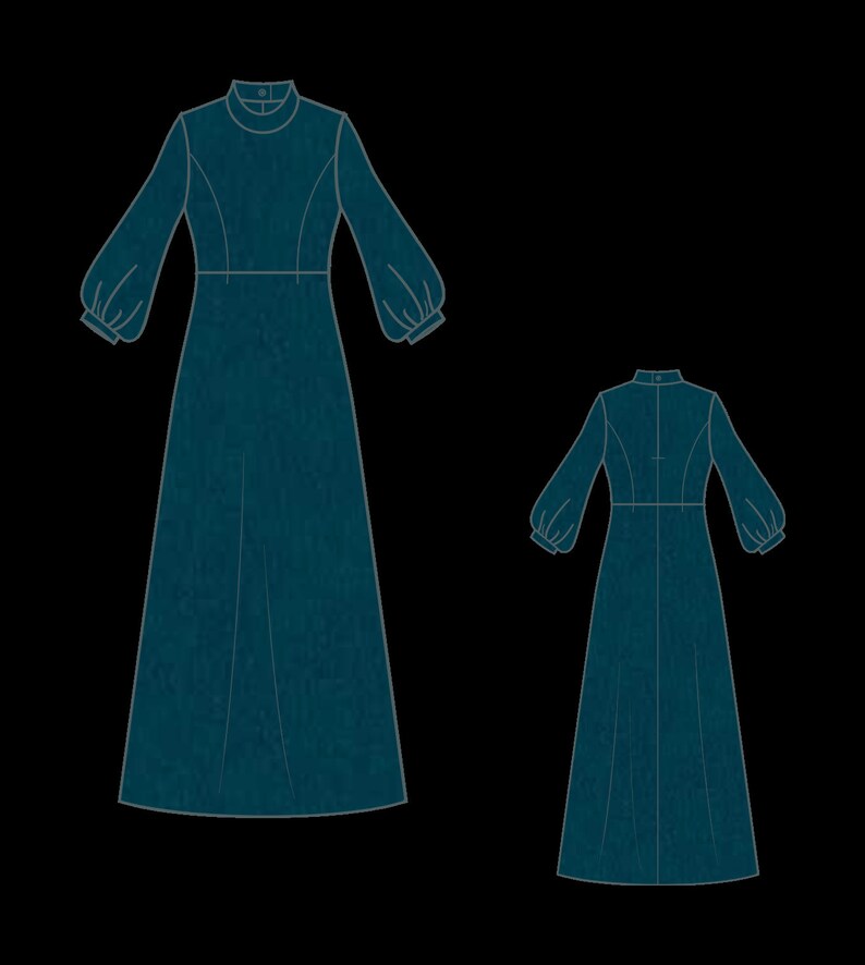 May include: A teal blue maxi dress with long sleeves and a high neck. The dress has a fitted bodice and a flowing skirt. The dress is shown from the front and back.