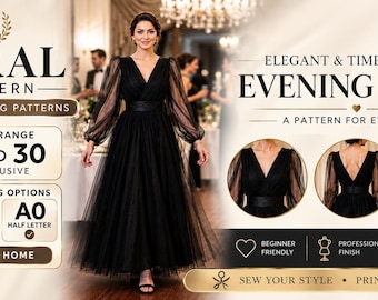 Black Tulle Evening Dress Sewing Pattern PDF | Elegant Maxi Gown Pattern | Formal Dress Digital Pattern Sizes 2–30 | A4 & A0 Printa