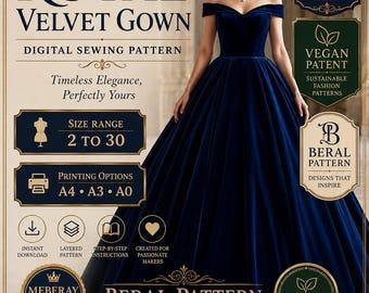 Royal Velvet Ball Gown Sewing Pattern PDF | Off Shoulder Evening Dress | Princess Formal Gown | Sizes 2-30 | A4 A3 A0 Download