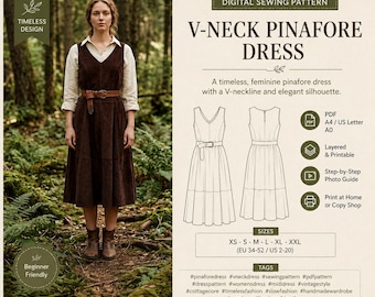 May include: A digital sewing pattern for a V-neck pinafore dress. The image displays a brown midi-length dress with a belt, worn over a white shirt. It includes technical line drawings of the front and back, file format icons, and size range XS-XXL.