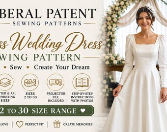 Long Sleeve Minimalist Wedding Dress Sewing Pattern PDF | Square Neck Bridal Gown Pattern | Instant Download | Sizes 2–30 | A4, A0