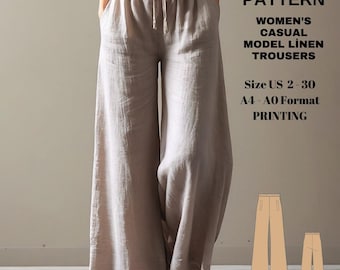 Wide leg women's trousers|Women's casual linen trousers model|women's trousers sewing pdf |A0 A4 US latest| copy US 2 to 30”