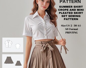 May include: A white short-sleeved shirt and a brown pleated mini skirt. The image includes the text "BERAL PATTERN SUMMER SHIRT CROPE AND MINI PLEATED SKIRT SET SEWING PATTERN" and "Size US 2-30 A4 - AO Format PRINTING".