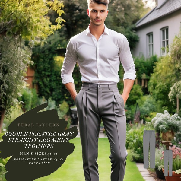 Double pleat easy sewing men's trousers| formatted latter A0-A4 paper size|Men size US 36 to 56