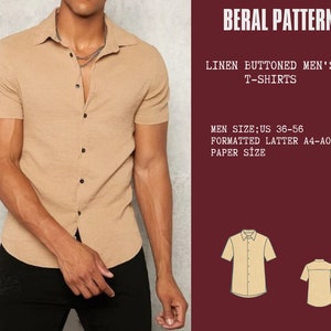 May include: A tan linen button-down shirt with short sleeves. The shirt has a button-up front and a relaxed fit. The text "BERAL PATTERN" is in the upper right corner of the image. The text "LINEN BUTTONED MEN'S T-SHIRTS" is below the "BERAL PATTERN" text. The text "MEN SIZE; US 36-56 FORMATTED LATTER A4-A0 PAPER SIZE" is below the "LINEN BUTTONED MEN'S T-SHIRTS" text. Two illustrations of the shirt are below the text.
