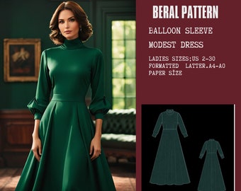 Modest dress bishop long sleeve pattern |hijab evening dress |A0 A4 US latter| US 2 to 30