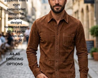 Zippered men's shirt pattern|shirt design for men|jacket design| formatted latter A0-A4 paper size|Men size US 36 to 56