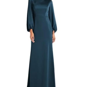 May include: A long, teal blue satin dress with a high neck and long sleeves. The sleeves have a puffed look at the shoulders.