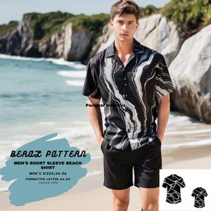 May include: Black and white patterned short-sleeve shirt and black shorts. The shirt has a marble-like design. The text on the image reads "BERAL PATTERN MEN'S SHORT SLEEVE BEACH SHIRT MEN'S SIZES:36-56 FORMATTED LATTER.A4-A0 PAPER SIZE."