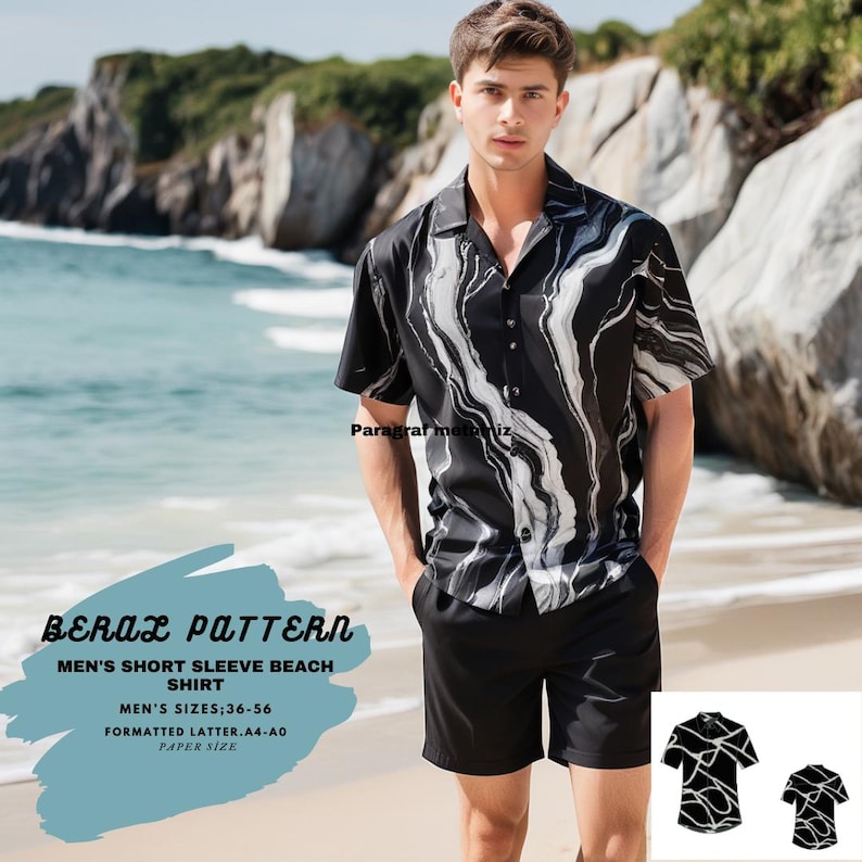May include: Black and white patterned short-sleeve shirt and black shorts. The shirt has a marble-like design. The text on the image reads "BERAL PATTERN MEN'S SHORT SLEEVE BEACH SHIRT MEN'S SIZES:36-56 FORMATTED LATTER.A4-A0 PAPER SIZE."