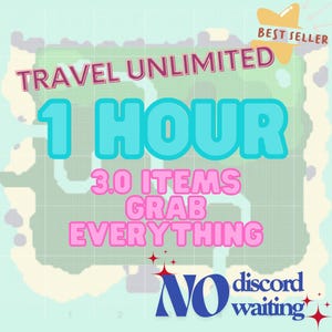 Puede incluir: Gráfico con las palabras "TRAVEL UNLIMITED" en rosa y blanco, con el número "1 HOUR" en turquesa. Debajo, el texto dice "3.0 ITEMS GRAB EVERYTHING". También están las palabras "NO discord waiting".
