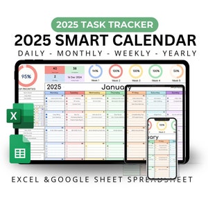 Op de afbeelding: Een digitale kalendertemplate voor 2025, weergegeven op een tablet, laptop en smartphone. De kalender is ontworpen voor het bijhouden van dagelijkse, wekelijkse, maandelijkse en jaarlijkse taken. De template is beschikbaar in Excel- en Google Sheets-formaat.