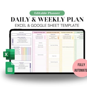 May include: A digital tablet displaying a daily and weekly planner template in Excel and Google Sheets format. The template includes sections for priorities, weekly tasks, habit tracking, and a to-do list. The template is fully automated and includes a start date of Tuesday, October 29, 2004.