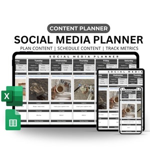 May include: A digital social media planner with a calendar layout for scheduling content. The planner is shown on a tablet, laptop, and smartphone. The planner includes fields for platform, content type, status, caption, hashtags, and review notes.