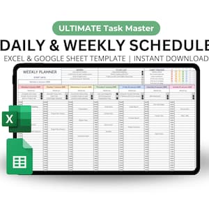 May include: A digital screen displaying a weekly planner template for Excel and Google Sheets. The template includes sections for daily tasks, to-do lists, habit trackers, and notes. The screen is labeled "Ultimate Task Master Daily & Weekly Schedule".
