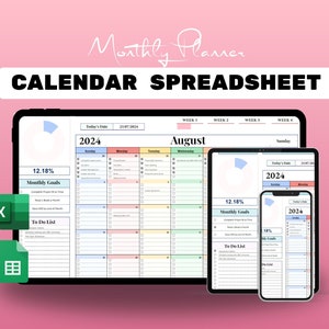 May include: A digital calendar spreadsheet for August 2024, displayed on a tablet, laptop, and smartphone. The calendar is colour-coded by day of the week and includes sections for monthly goals, to-do lists, and notes.
