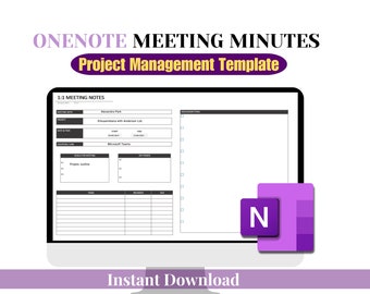 May include: A computer screen displaying a OneNote meeting minutes template for project management. The template includes sections for meeting notes, attendees, goals, key points, tasks, and next steps. The screen is surrounded by a purple and white border and the OneNote logo is in the lower right corner.