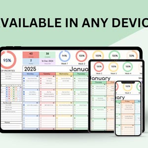 May include: A digital planner app interface displaying a calendar for January 2025 with a weekly view. The app is accessible on various devices, including a tablet, laptop, and phone. The app features a colourful design with different colours for each day of the week.