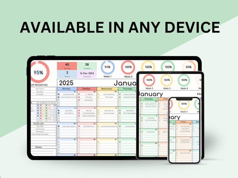 May include: A digital planner app interface displaying a calendar for January 2025 with a weekly view. The app is accessible on various devices, including a tablet, laptop, and phone. The app features a colourful design with different colours for each day of the week.
