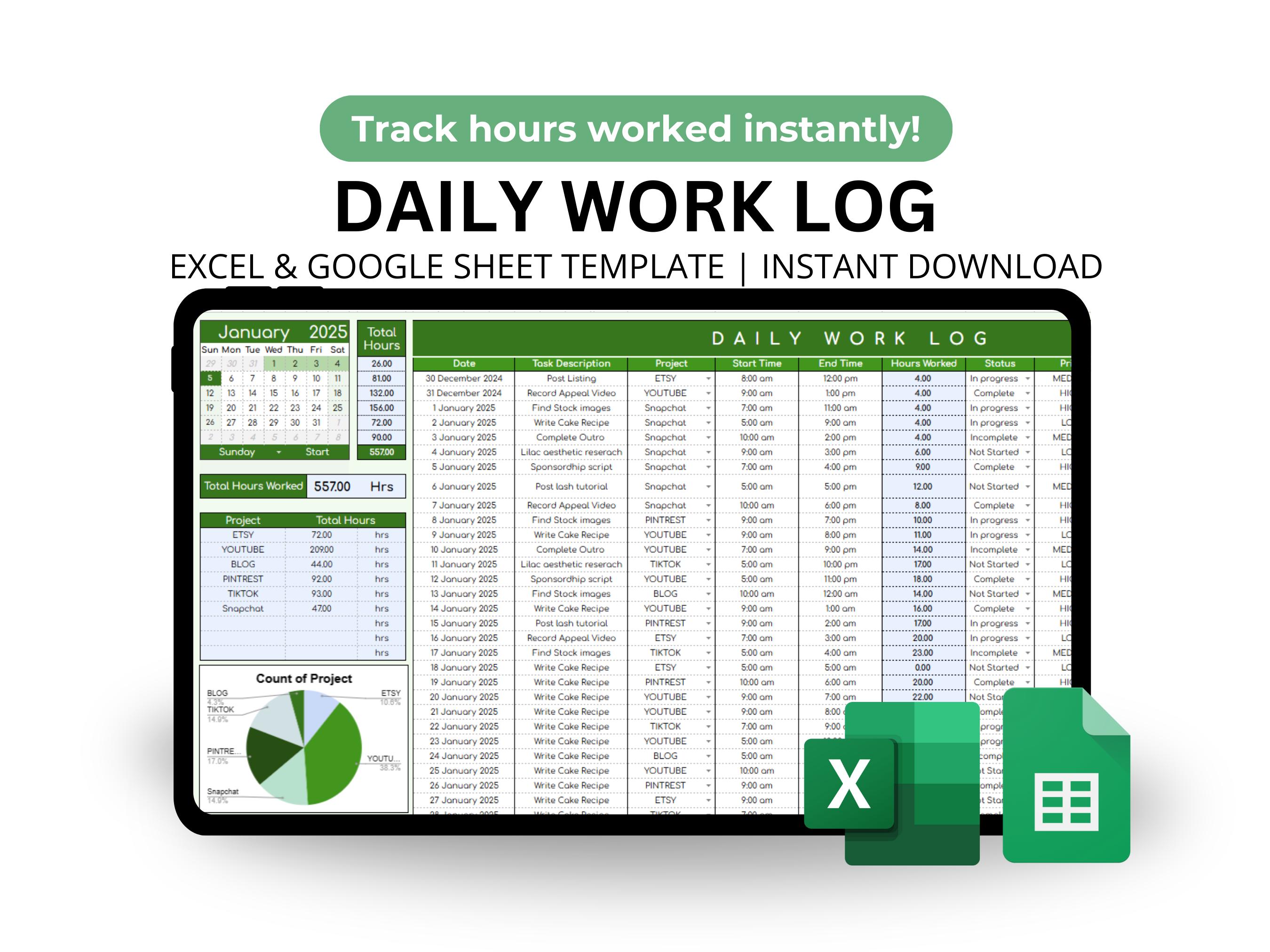 EDITABLE Daily Work Log Excel Template Track Time Projects Priorities Hours Worked Summary accomplishment tracker