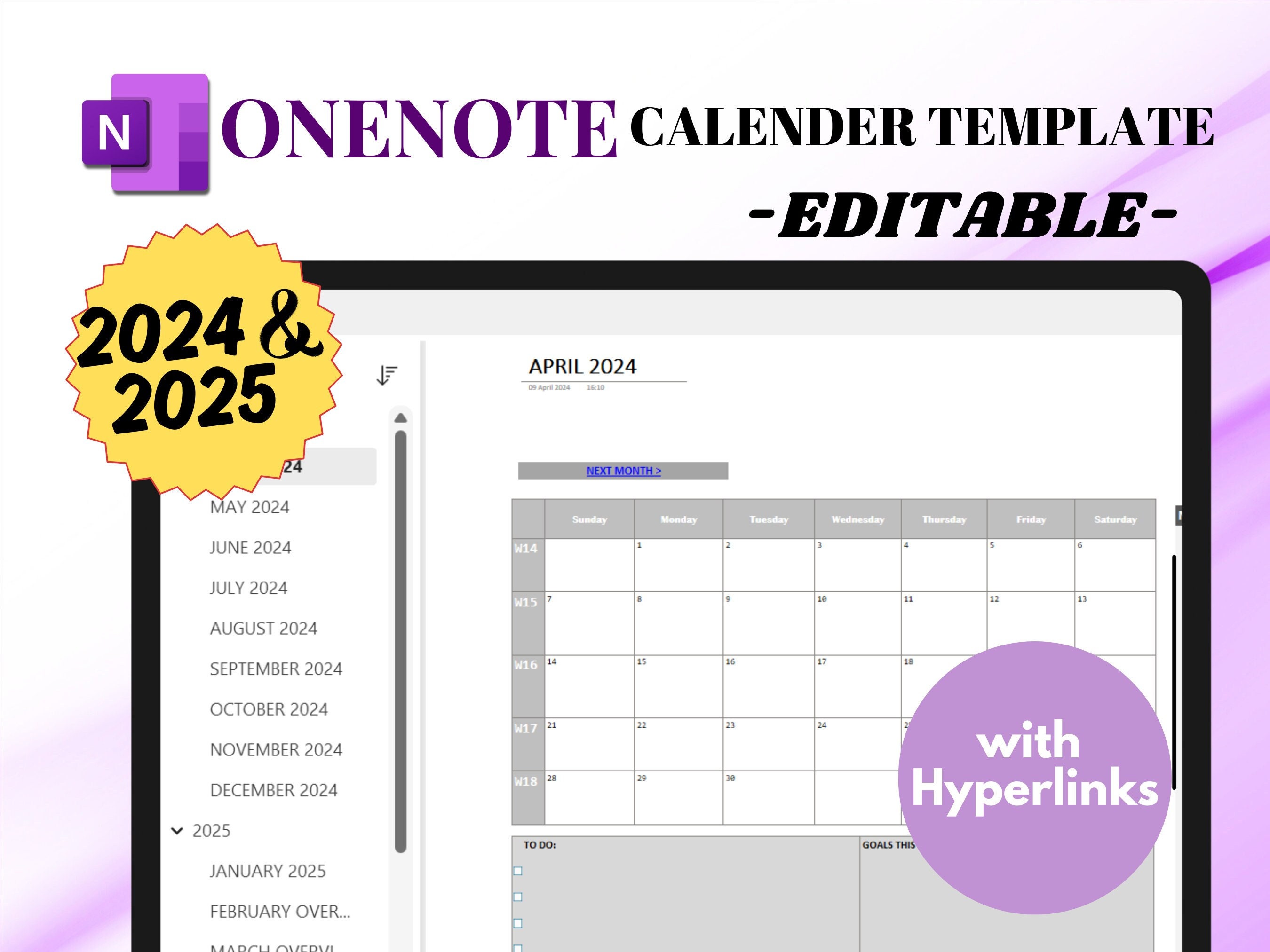 Editable Onenote 2024 2025 Hyperlinked Calendar Onenote Calendar 2024