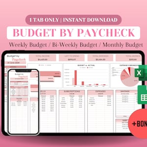 Könnte beinhalten: Eine digitale Budgetplaner-Tabellenvorlage in Rosa und Weiß mit dem Titel "Budget by Paycheck" und dem Text "Wöchentliches Budget / Zweiwöchiges Budget / Monatliches Budget". Die Tabelle enthält Abschnitte für Einkommen, Rechnungen, Abonnements, Ausgaben und Ersparnisse. Die Tabelle soll Benutzern helfen, ihre Finanzen zu verfolgen und ein Budget zu erstellen.