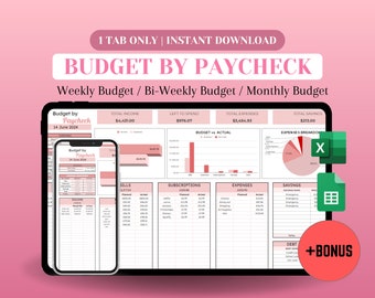 Ultimate Pink Budget by Paycheck Spreadsheet Excel Spreadsheet Planner Monthly Weekly Biweekly Semi Monthly Financial Tracker Template