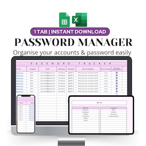 Password Manager, Password Tracker Excel Spreadsheet, Password Keeper, Password Manager, Password Log Template, Accounts Tracker log